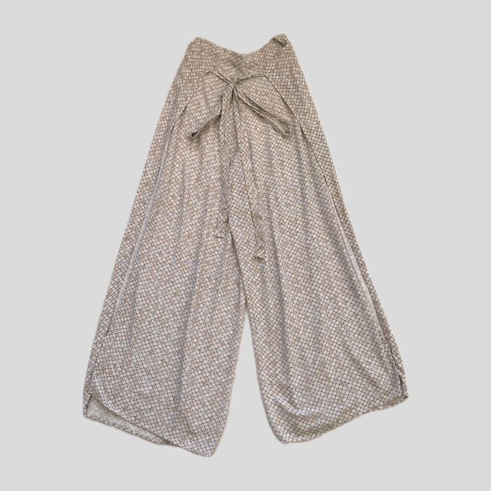 Indah Neutral Beige Geometric Print Flowy Wide Leg Summer Pants Women's XS